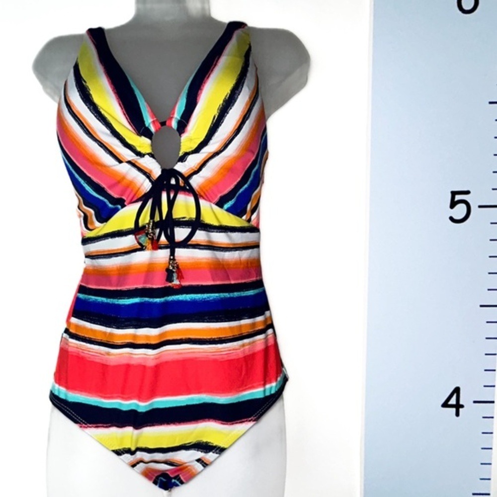 Anne Cole 1PC Swimsuit Multicolor Stripes Dark Blue Tie & Tassel 12 Beach Date